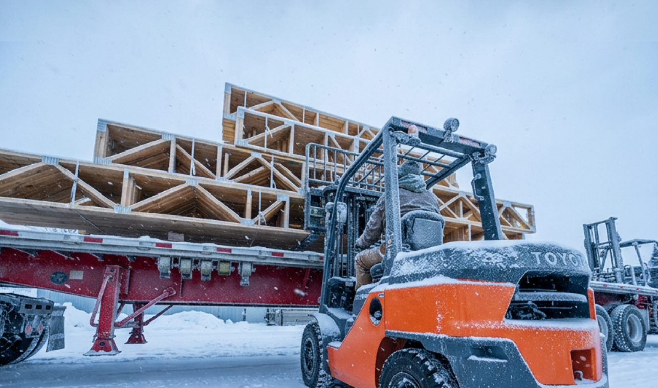 Winter forklift operating in snow with cold weather material handling equipment in New England