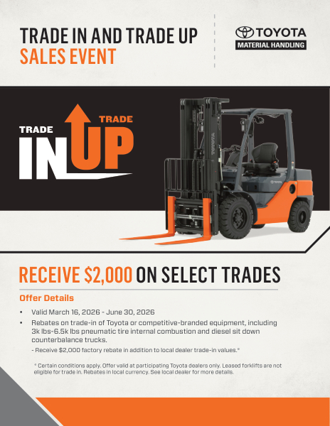 Toyota promotion details:
https://www.toyotaforklift.com/trade-in-trade-up-rebate