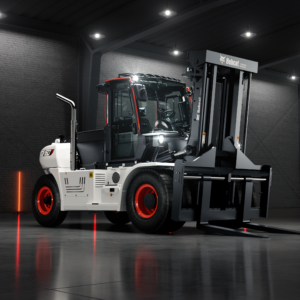 Bobcat D140 diesel forklift lifting heavy industrial load in construction yard Bobcat D160S-9 high capacity forklift operating in lumber yard