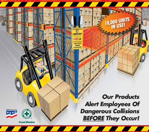 Motion detection warehouse safety system activating warning lights in high traffic industrial area