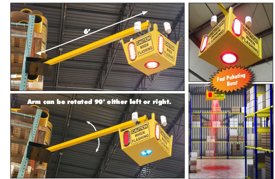 Forklift collision warning system improving visibility and safety in busy warehouse aisle